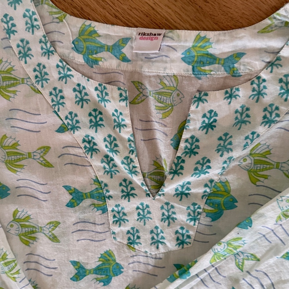 Rikshaw Design 100% cotton 3/4 sleeve block print green fish Women's sz Small - Picture 4 of 10